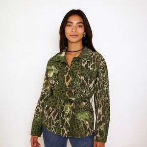 Script Green Animal Print Utility‎ Jacket Sz 14 Womens Belted Safari Style Indie